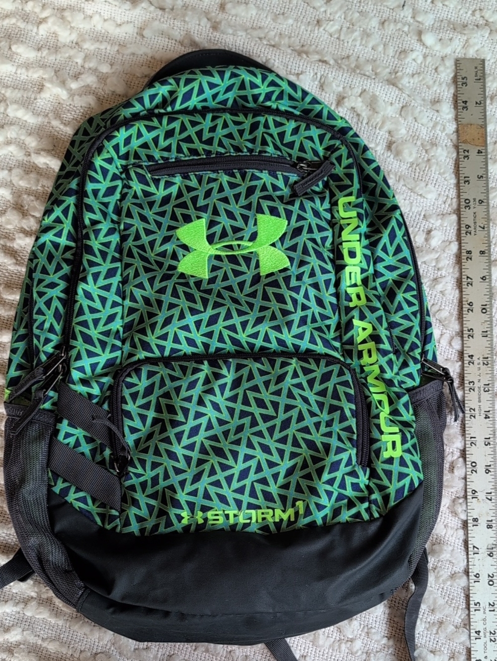 Under Armour Hustle II Storm Series Neon Green Blue Gray Geometric Backpack Bag